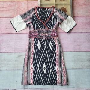 Etro Black/White Diamond Geometric Embroidered Silk Kimono Sleeve Mini Dress XS‎